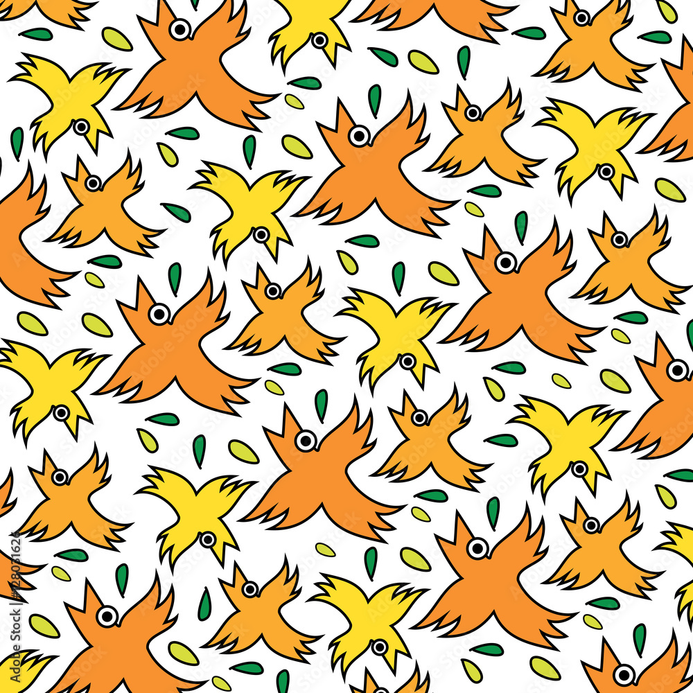 Naklejka premium Tropical birds pattern, yellow and orange. Vector illustration isolated in white background