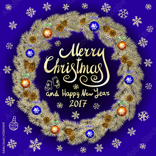 Merry Christmas And Happy New Year 2017 Vintage blue Background With Typography card with gold Christmas wreath. Vector illustration. © 7razer