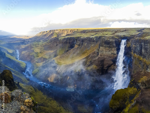 Dramatic overview of Waterfall Haifoss in Iceland, ultra wide panoramic photo