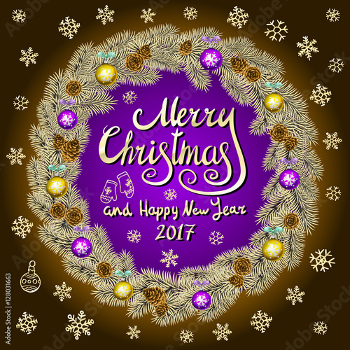 Merry Christmas And Happy New Year 2017 Vintage violet Background With Typography card with gold Christmas wreath. Vector illustration. © 7razer