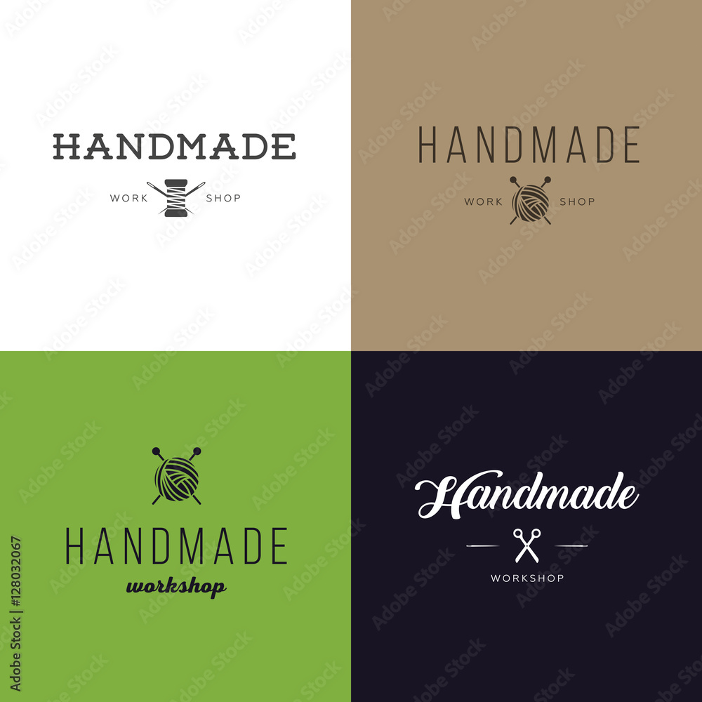 Set of vintage retro handmade badges, labels and logo elements, retro symbols for local sewing shop, knit club, handmade artist or knitwear company. Template logo.