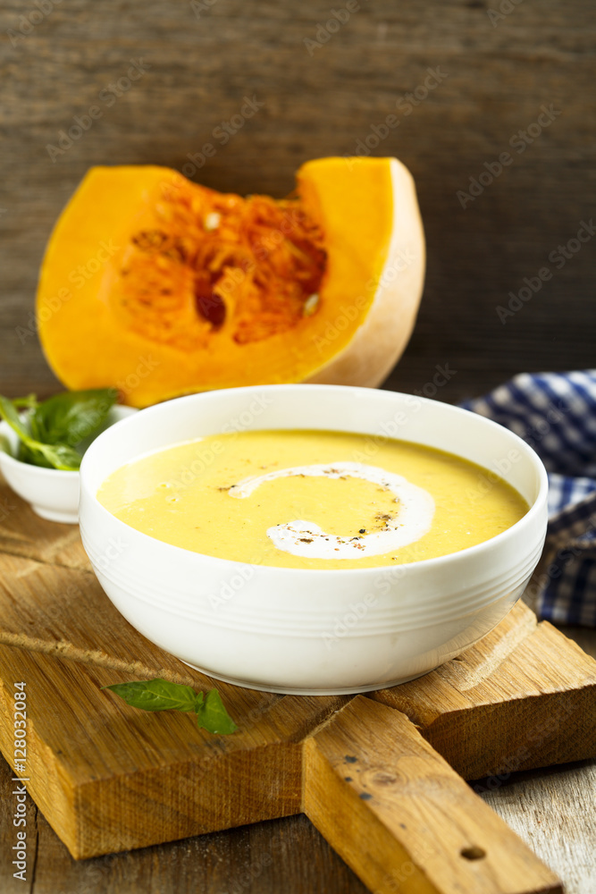 Pumpkin soup with basil and cream Pumpkin soup with basil and cream