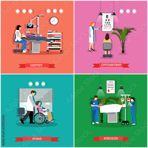 Vector set of banners, posters with people in hospital, clinic