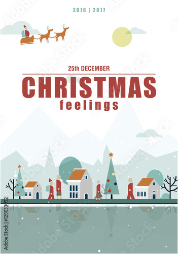 Christmas feelings. Illustration poster of a cute village