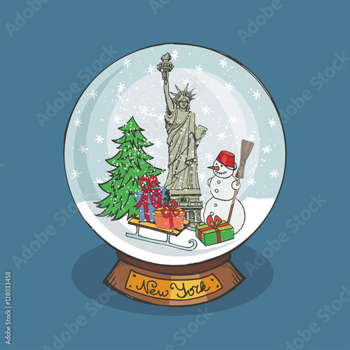 New york Christmas Snow globe.Doodle landmark