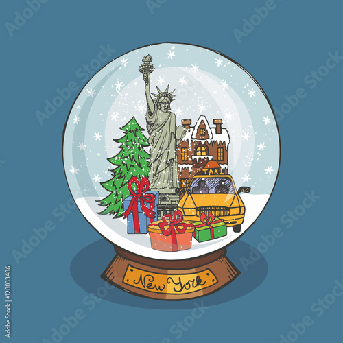 New york Christmas Snow globe.Doodle city