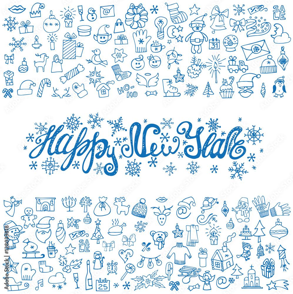 Obraz premium New year greeting card.Linear Icons,title.Blue