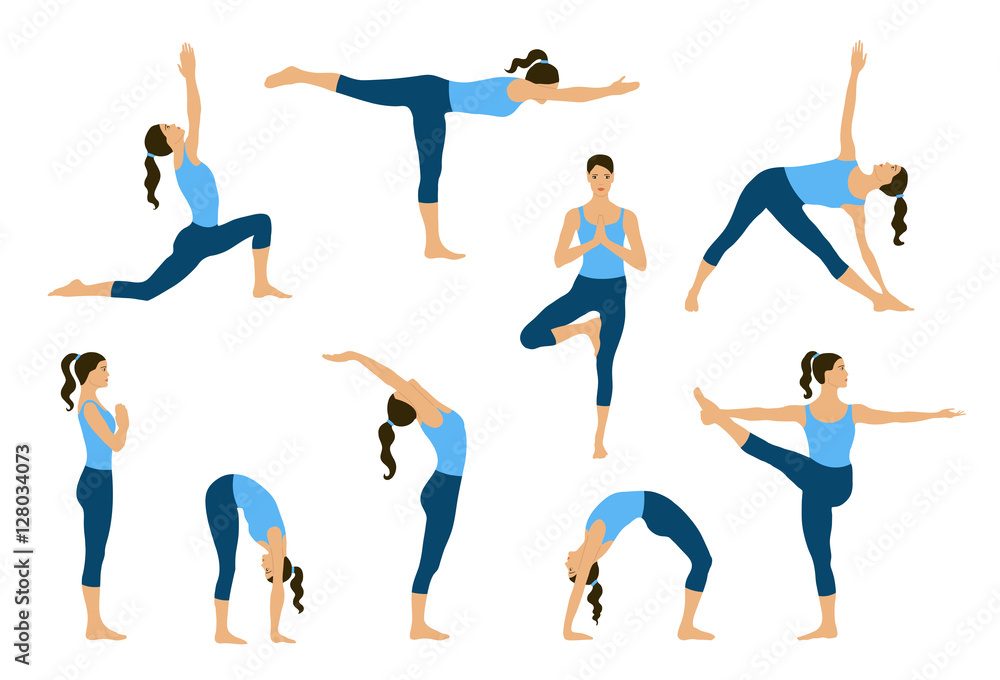 Set of yoga poses. Young women do yoga exercises. Yogi in yoga asana. Vector yoga illustration. Healthy lifestyle with yoga poses. Isolated yoga girls silhouettes.