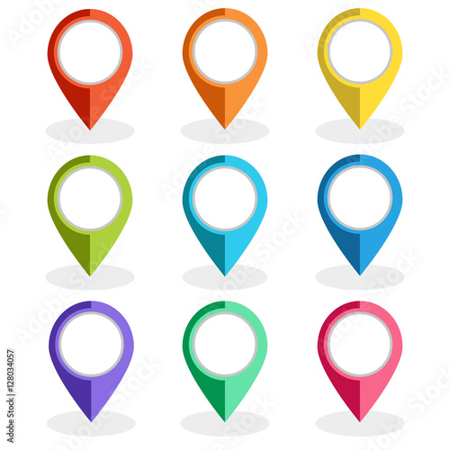 Vector illustration. Set of multi-colored map pointers. GPS location symbol. Flat design style. Collection of blank markers for your targets, signs and icons.