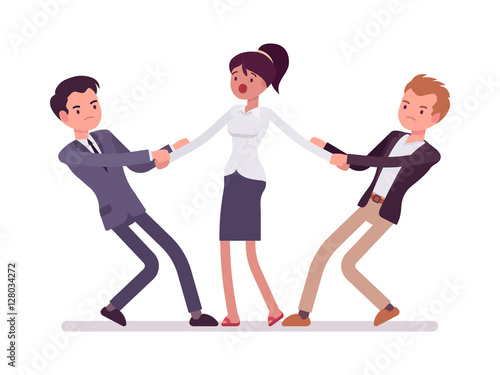 Men tugging a woman