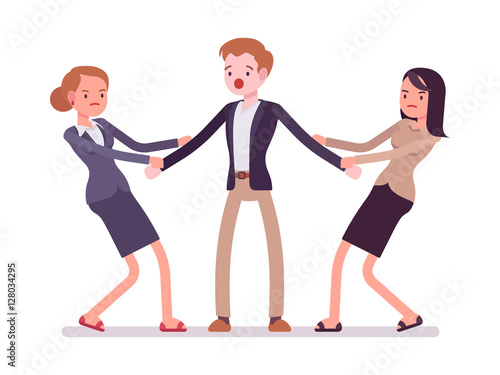 Women tugging a man