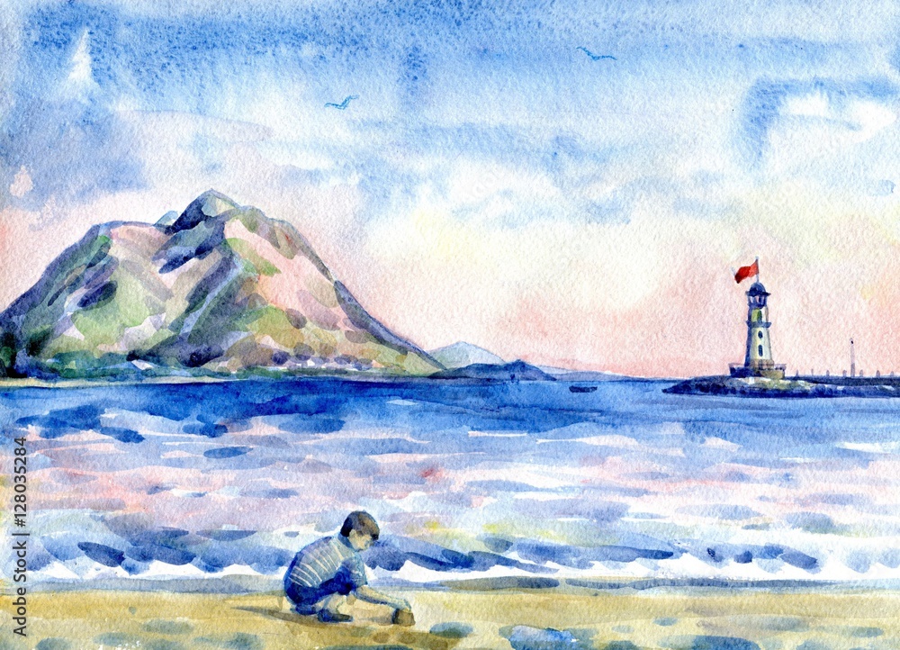 little boy on the beach. Seascape with lighthouse. Watercolor painting