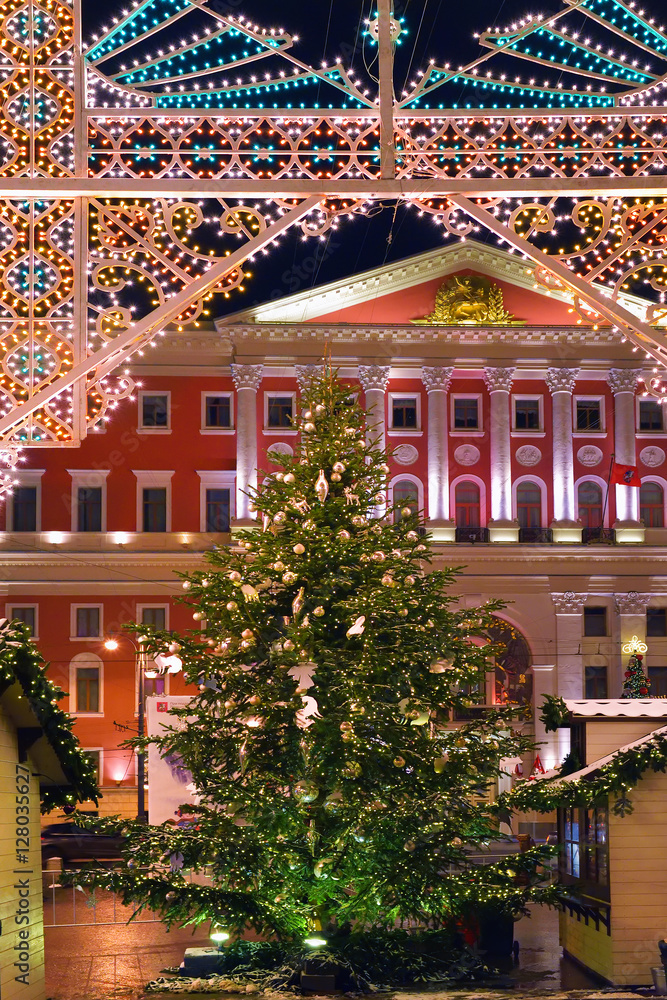 Christmas lighting decoration of the city hall in Moscow, Russia