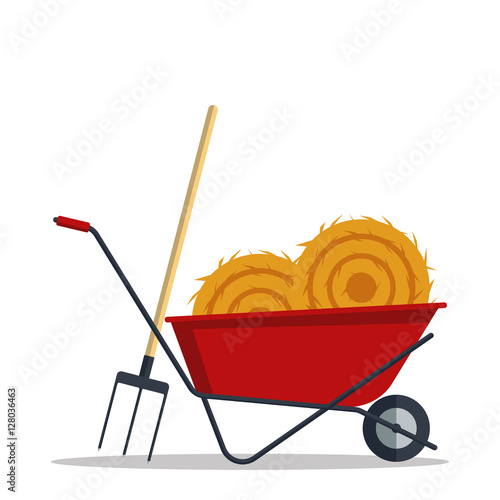 Red flat gardening wheelbarrow with hay and pitchfork isolated on white background. Tool constraction farming wheel icon equipment.