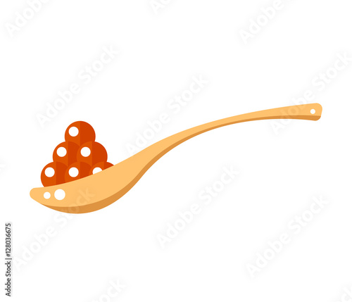 Red caviar in wooden spoon isolated on white background. Roe icon vector illustration. Russian traditional snack. Caviare menu for restaurant.