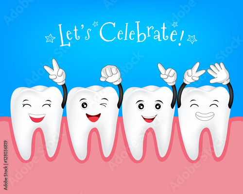 Cute cartoon tooth with hand sign. Let's Celebrate, Happy New Year 2017 concept. Illustration.