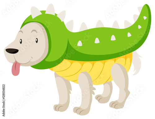 Little dog wearing dinosaur costume