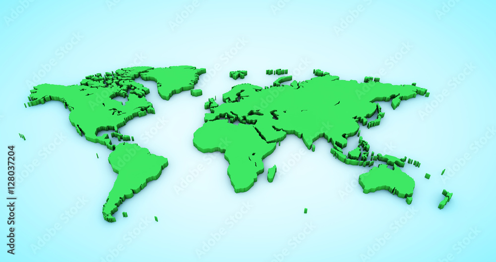 green map of the world on blue background 3d render