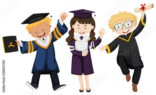 Three people in graduation gown