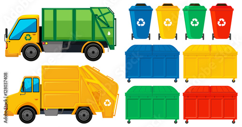 Rubbish trucks and cans in many colors