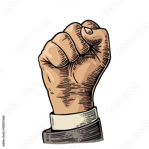 Human hand with a clenched fist. Vector black vintage engraved illustration isolated on a white background. Hand sign for web, poster, info graphic