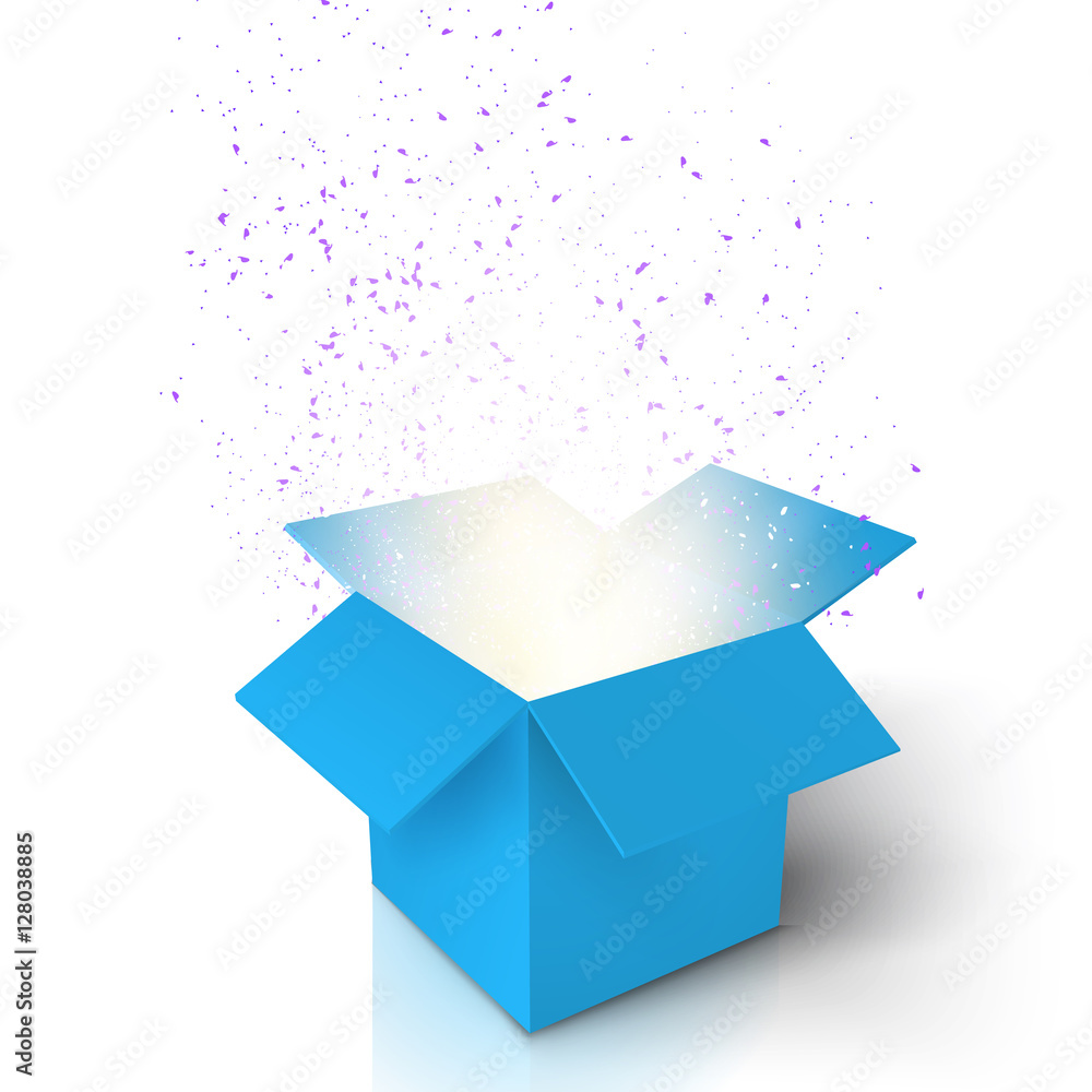 Illustration of Realistic Magic Open Box. Magic Gift Box with Magic Light  Comming from Inside. Paper Box Isolated on White Background Stock Vector