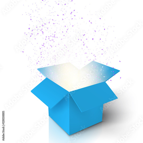 Illustration of Realistic Magic Open Box. Magic Gift Box with Magic Light Comming from Inside. Paper Box Isolated on White Background