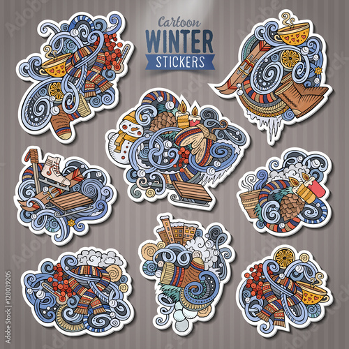 Set of Winter season doodle cartoon stickers