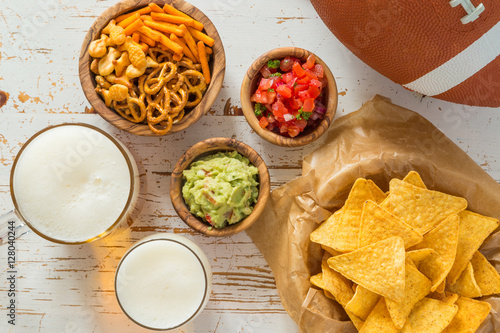 Football party food, super bowl day, nachos salsa guacamole
