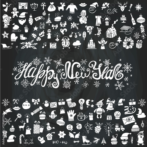New year greeting card.Icons silhouette,Chalkboard
