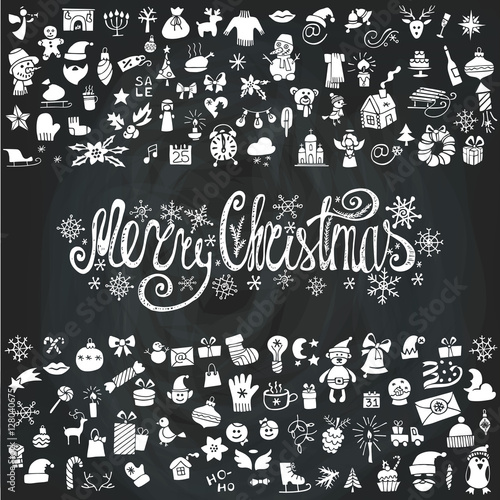 Merry Christmas card.Icons silhouette.Chalkboard