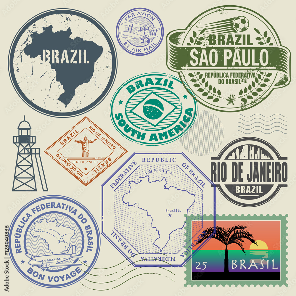 Travel stamps or symbols set, Brazil, South America theme