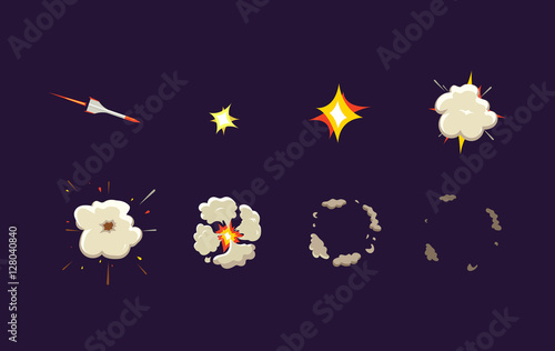 Explode effect animation with smoke. Rocket strike. Cartoon explosion frames. Vector cartoon illustration.