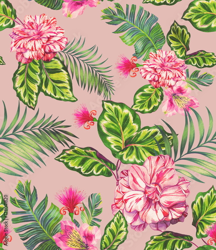 seamless pattern with rose, camellia, succulents. © rosapompelmo