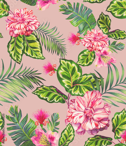 seamless pattern with rose, camellia, succulents.