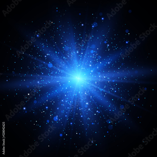 Light effect. Star burst with sparkles. Blue glitter texture