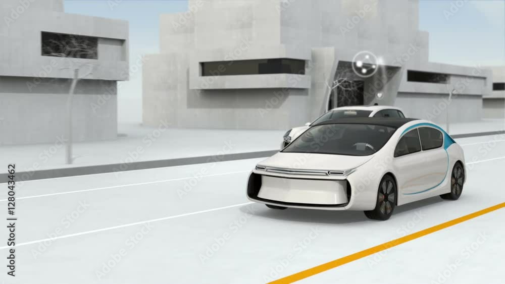 Connected cars and autonomous cars concept. 3D rendering animation. Connected cars and autonomous cars concept. 3D rendering animation.