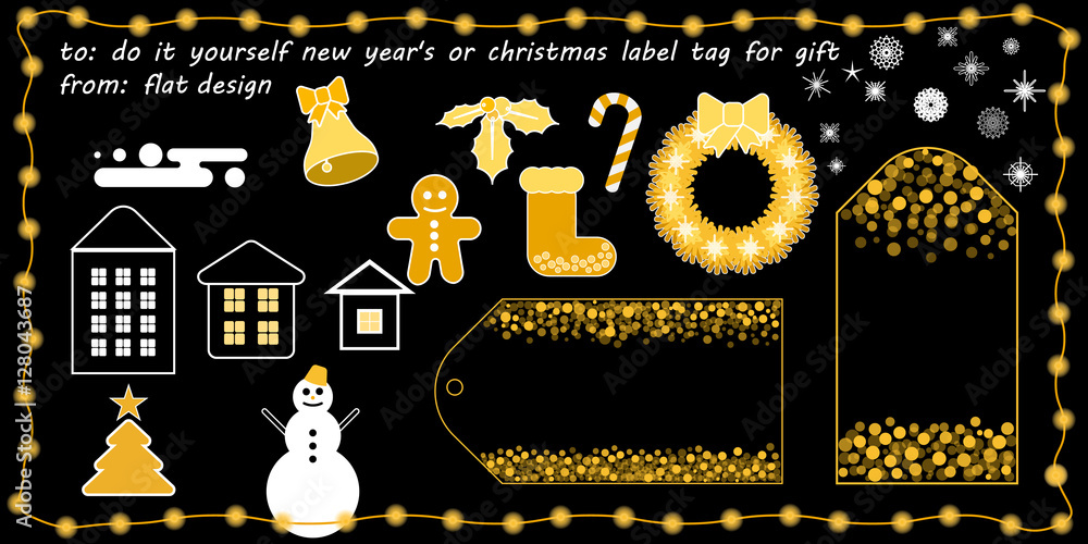 flat vector new year's or christmas printable tag for gift or sale, do it yourself new year's or christmas label tag for gift, gold glitter effect on black flat vector new year's or christmas printable tag for gift or sale, do it yourself new year's or christmas label tag for gift, gold glitter effect on black