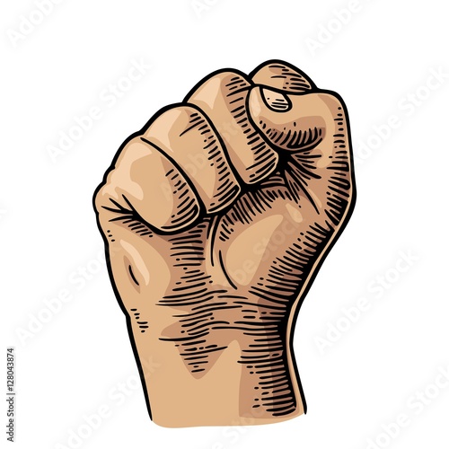 Human hand with a clenched fist. Vector black vintage engraved illustration isolated on a white background. Hand sign for web, poster, info graphic