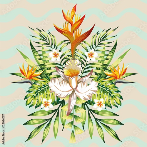 Fashion wallpaper mirror composition of tropical flowers frangipani, lotus, bird of paradise, Strelitzia, leaves banana palms and plants on the background of wavy gray mint color