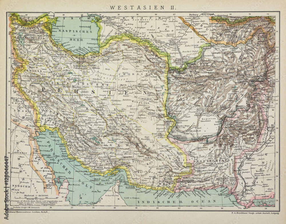 1899 published West Asia antique political map, from the german Brockhaus Conversation Encyclopedia  14th edition, 17 volumes.