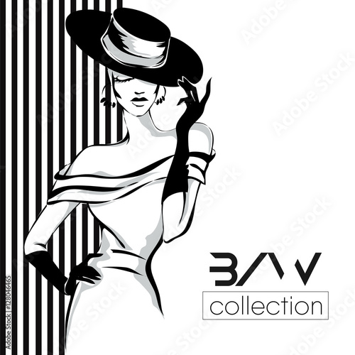 Black and white fashion woman model with boutique logo background. Hand drawn vector