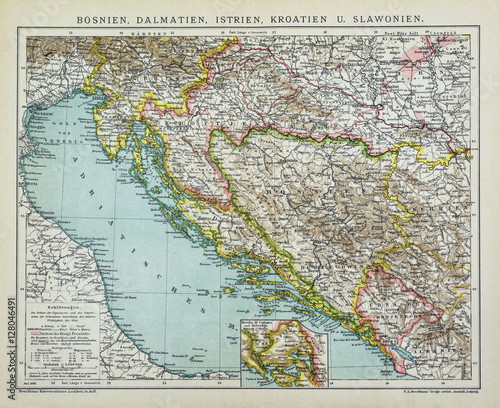 Antique map from 1899 of South East Europe including Bosnia Dalmatia Istria Croatia Slovenia Montenegro Albania , from the german Brockhaus Conversation Encyclopedia  14th edition.