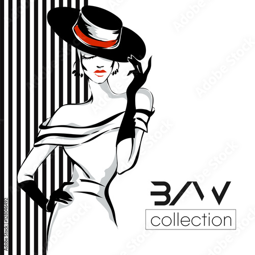 Black and white fashion woman model with boutique logo background. Hand drawn vector