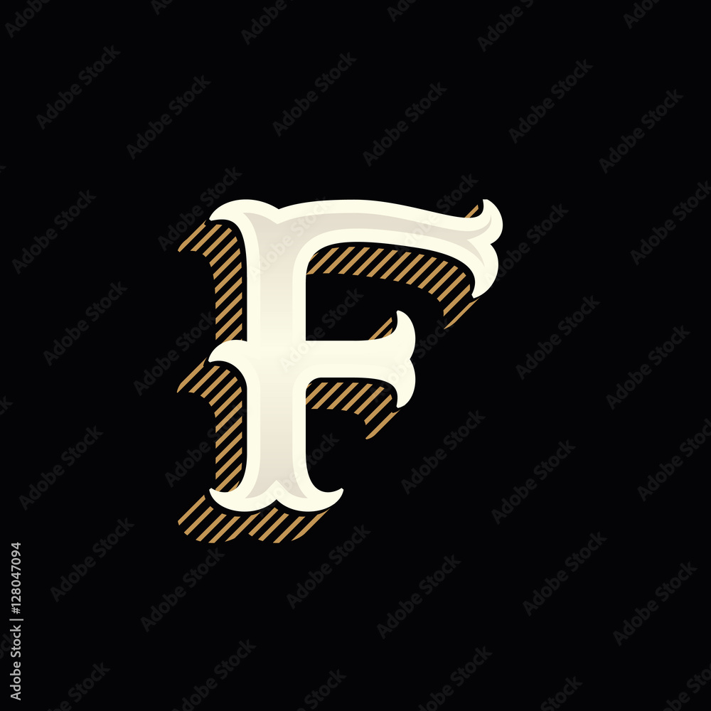 Fototapeta premium F letter logo in vintage western style with lines shadow.