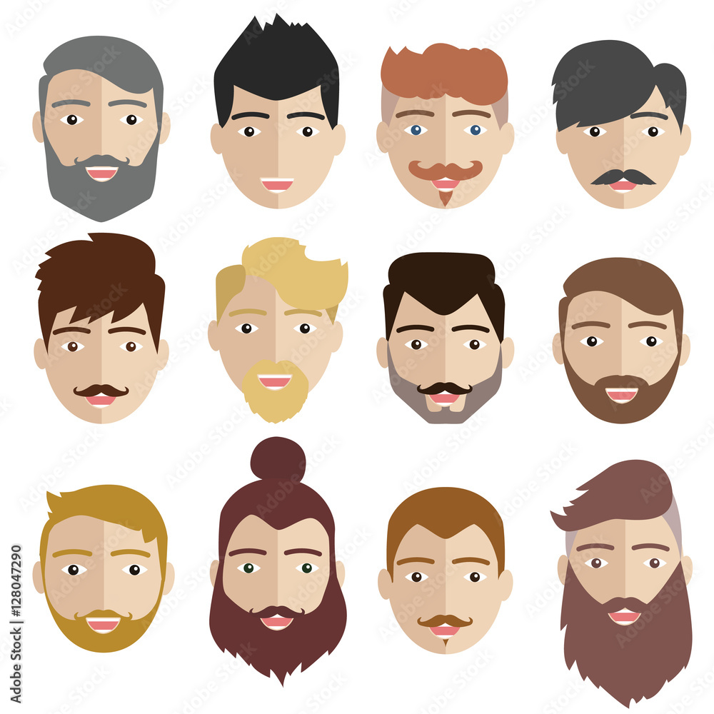 Flat icons collection of various men with stylish haircuts and beards. Modern design vector illustration set in retro color Flat icons collection of various men with stylish haircuts and beards. Modern design vector illustration set in retro color