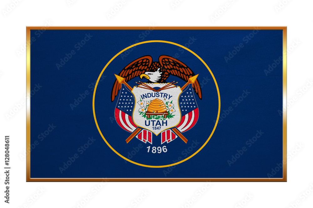 Fototapeta premium Flag of Utah , golden frame, fabric texture