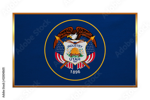 Flag of Utah , golden frame, fabric texture