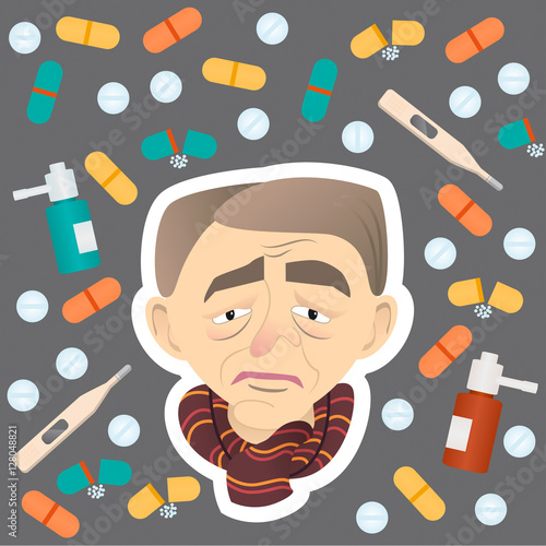 Sick old man cartoon character. Vector illustration in flat styl