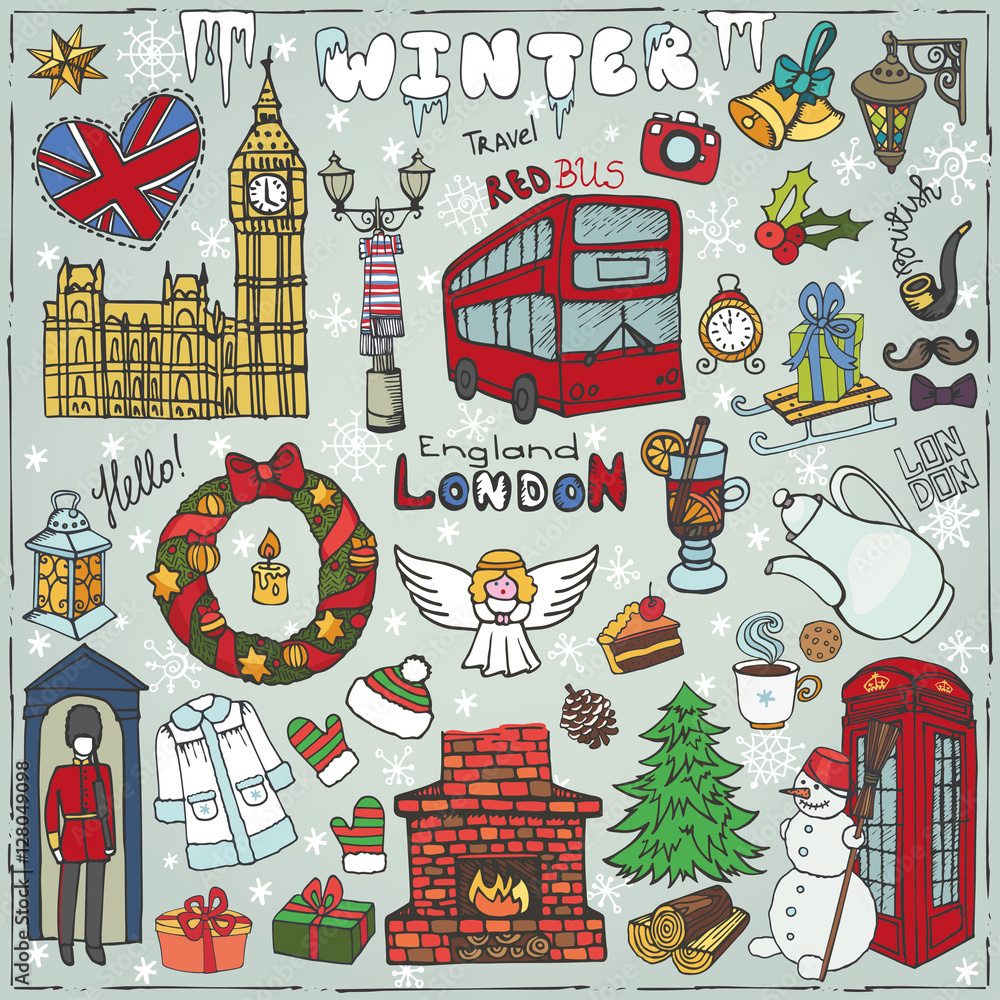 London winter landmarks set.Colored christmas Doodles London winter landmarks set.Colored christmas Doodles